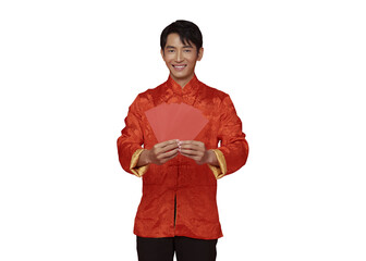Chinese New Year red envelope greeting Asian man in traditional outfit presenting lucky money for lunar festival celebration prosperity wishes cultural tradition and holiday giving, PNG file