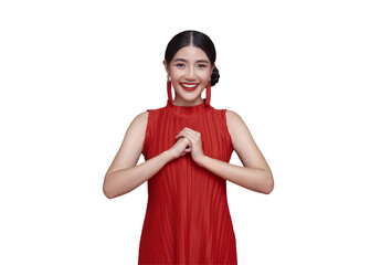 Chinese New Year greeting gesture Asian woman in red dress smiling with traditional respect pose to celebrate lunar festival cultural elegance holiday happiness and seasonal celebration, PNG file