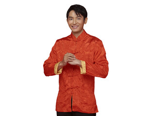 Chinese New Year greeting gesture by Asian man in traditional outfit celebrating lunar festival with cultural respect festive happiness holiday tradition and seasonal celebration concept, PNG file