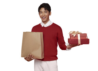 Chinese New Year gift shopping with Asian man holding shopping bag and present box celebrating lunar festival with joyful giving festive lifestyle generosity and seasonal celebration, PNG file