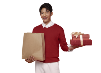Chinese New Year gift shopping with Asian man holding shopping bag and present box celebrating lunar festival with joyful giving festive lifestyle generosity and seasonal celebration, PNG file