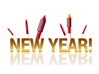 A festive gold text new year celebration with various firework rockets on a black background