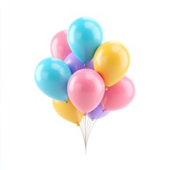 Colorful balloons in bright shades of pink, blue, yellow, and purple floating together against a white background