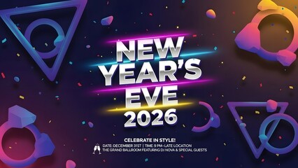New Year's Eve 2026 Celebration Event with Neon Geometric Shapes