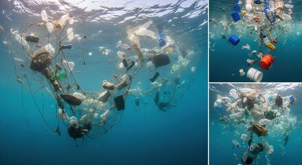 Plastic waste in ocean waves, environmental pollution concept