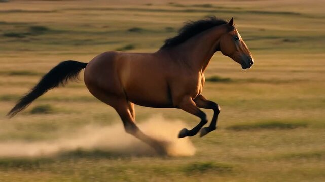 Ultra HD cinematic video clip of a muscular brown horse galloping powerfully across an open grassy field at sunset, 4k.