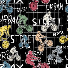 Bold urban gaming pattern featuring hand drawn BMX riders, street typography and graffiti details. Trendy street style background for fashion textiles, youth apparel, wallpapers and creative projects
