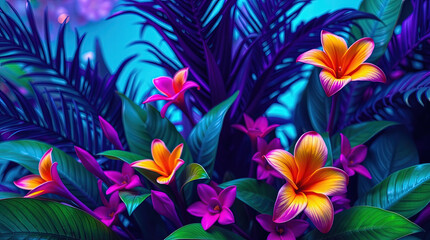 Vibrant tropical flowers with purple foliage in colorful garden  