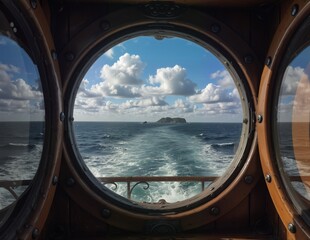 ocean view through vintage portholes on a ship with a distant island and cloudy blue sky