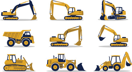 Construction equipment flat illustration set with excavators bulldozers loaders dump trucks heavy machinery vehicles isolated on white background © MdAnoar