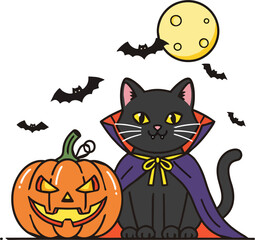 Fototapeta premium Halloween Vampire Cat with Purple Cape and Yellow Bow Sitting Beside Jack-o'-Lantern and Bats – Cute Cartoon Vector