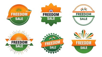 Collection of Freedom Sale badges and stickers in Indian national flag colors