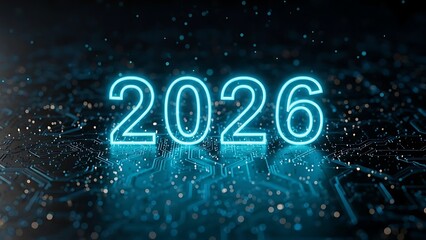 Glowing neon blue year 2026 numbers hover over a dark digital circuit board background