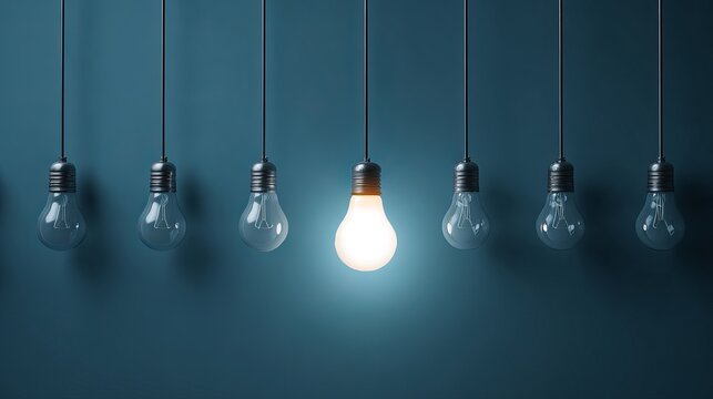 One light bulb glowing among dim ones on blue background - Powered by Adobe
