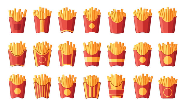 Collection of Potato Fries in Red Paper Containers Fast Food Snack Assortment
