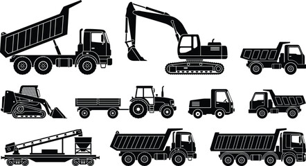 Construction vehicle black silhouette set with excavator dump truck loader tractor conveyor heavy industrial machinery illustration collection © MdAnoar