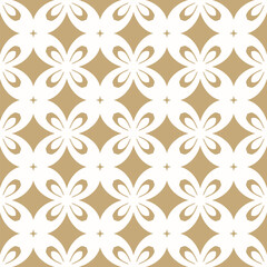 Abstract golden vector seamless pattern. Simple grid ornament with flower silhouettes, diamond shapes, floral tiles. Gold and white luxury background texture. Repeated design for print, decor, textile