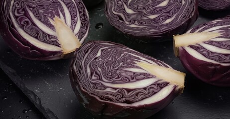 Fototapeta premium fresh red cabbage halves displayed on a dark slate surface, healthy food ingredient for salads and cooking.