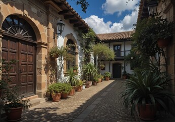 Fototapeta premium charming cobblestone courtyard with potted plants and traditional colonial architecture under a blue sky.