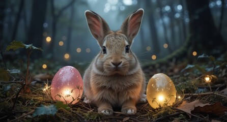adorable bunny with illuminated easter eggs in a magical forest scene
