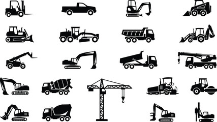Construction vehicle silhouette icon set with excavator crane dump truck forklift bulldozer heavy machinery black vector illustration © MdAnoar