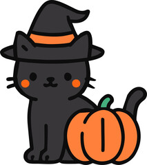 Adorable Black Cat in Witch Hat Sitting Beside Pumpkin &ndash; Halloween Cartoon Vector