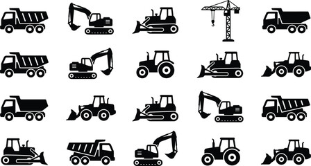 Construction vehicle silhouette icon set featuring excavator bulldozer dump truck crane tractor heavy machinery black vector illustration © MdAnoar
