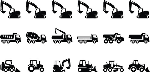 Construction vehicle silhouette icon set with excavators trucks loaders bulldozers cranes heavy machinery symbols isolated on white background © MdAnoar