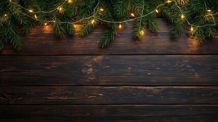 christmas, holiday, winter, trendy, Festive Christmas fir branches adorned with warm glowing fairy lights creating a cozy holiday atmosphere on a rustic dark wooden background per
