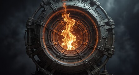 Fototapeta premium intricate steampunk furnace with glowing orange flames inside, dramatic lighting