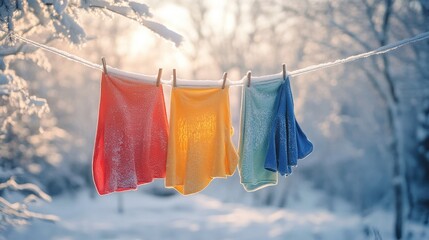 Colorful Cloths Hanging on a Clothesline in a Winter Wonderland with Snowy Trees and Soft Light at Sunrise