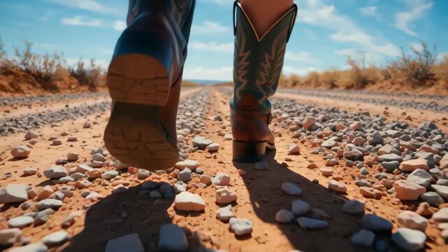 Close-up view of cowboy boots walking on a rocky desert road under a clear blue sky