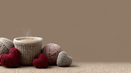 Valentine&rsquo;s Day knitted cozy concept. Vector art. Yarn balls, knitted heart patterns, steaming mugs, warm beige background