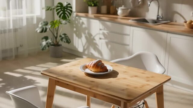 A warm, cozy kitchen setting featuring a croissant on a plate atop a wooden table illuminated by natural light