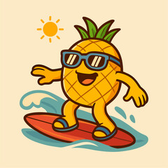Naklejka premium Happy pineapple mascot surfs a cartoon wave