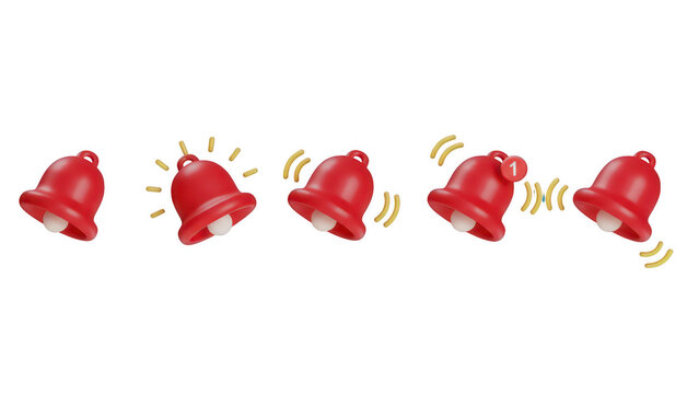 A sequence of 3d red notification bells illustrating different states and new message alerts isolated on transparent background