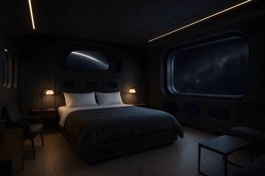 Luxury space hotel bedroom with large window showing starry galaxy