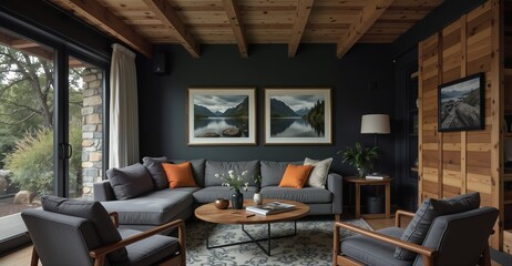 cozy rustic living room interior with stone fireplace, sectional sofa, and mountain artwork.