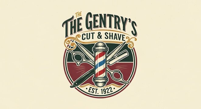 A vintage-style barbershop logo with scissors, a straight razor, and a classic barber pole. The design is circular, with a retro aesthetic