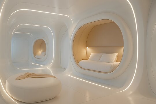 Minimalist futuristic bedroom with organic walls and soft ambient lighting