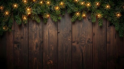 christmas, holiday, winter, trendy, Festive Christmas garland with warm glowing fairy lights draped over a rustic dark wooden plank background creating a cozy holiday atmosphere f