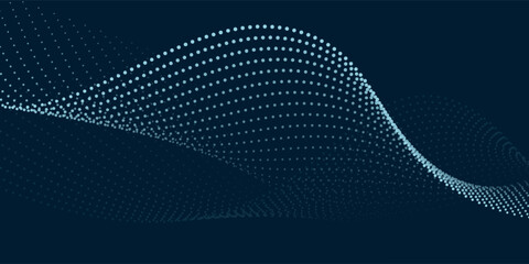 Dynamic particles sound wave flowing over dark. Blurred lights vector abstract background. Beautiful wave shaped array of glowing dots.