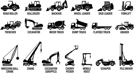 Heavy construction machinery silhouette icon set with labeled vehicles including excavators loaders trucks cranes graders for industrial engineering projects © MdAnoar