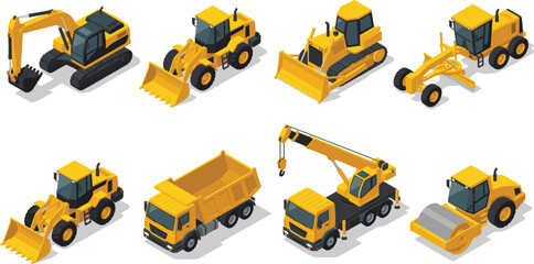 Isometric construction equipment illustration set featuring excavator loader bulldozer grader dump truck crane roller heavy machinery vehicles © MdAnoar