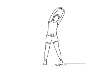 Healthy woman warming up stretching her arms. Physical Activity concept. Single line draw design. Vector graphic illustration