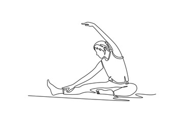 woman practicing yoga and shoulder stretching. Physical Activity concept. Single line draw design. Vector graphic illustration