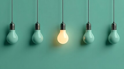 One light bulb glowing among dim ones on green background