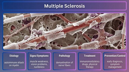 Multiple sclerosis disease damage to nerve fibers and myelin sheath, pathology of autoimmune disorder causing demyelination and neurological symptoms