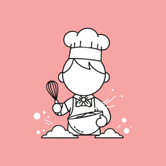 Naklejka premium Cute chef character baking with whisk and bowl on a pink background simple illustration for culinary related graphic design projects
