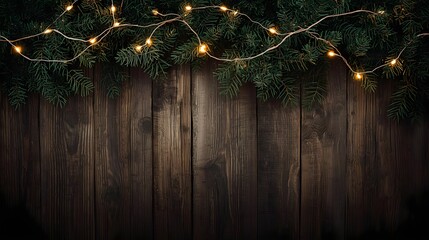 christmas, holiday, winter, trendy, Warm glowing fairy lights strung across dark green fir branches above rustic wooden planks creating a cozy festive holiday background for winte